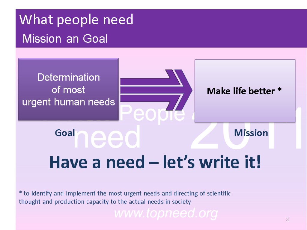Make life better * Goal Mission Determination of most urgent human needs 3 *